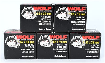 Wolf Performance Ammunition 7.62x39mm 122 Grain FMJ 100 Rounds Russian Manufacture c. 2000-2020. 
