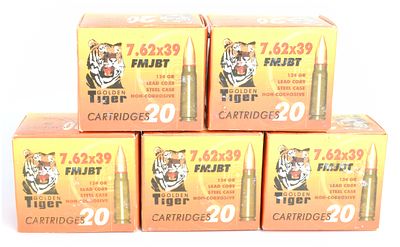 Golden Tiger 7.62x39mm FMJBT Ammunition Lot, 100 Rounds, Modern Production. A lot of 100 rounds 