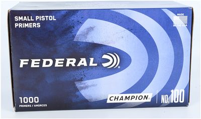 1000 Federal Champion No. 100 Small Pistol Primers. A collection of 1000 Federal Champion No. 