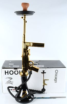 Zebra Smoke "Chicago" Model Hookah Set, Gold-Plated Thompson Submachine Gun Design, Contemporary. 