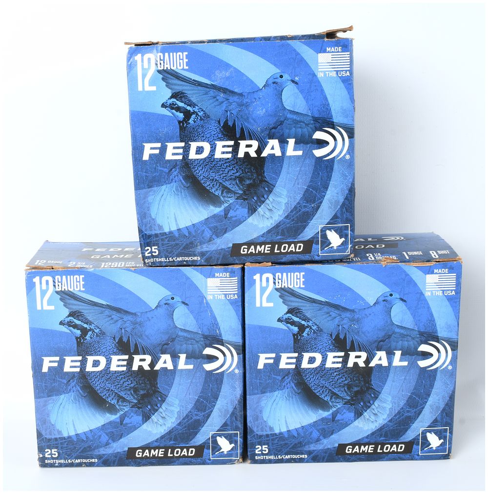 Lot 79: Federal 12 Gauge Game Load Shotshells Three Factory Boxes H121 8 Modern Production