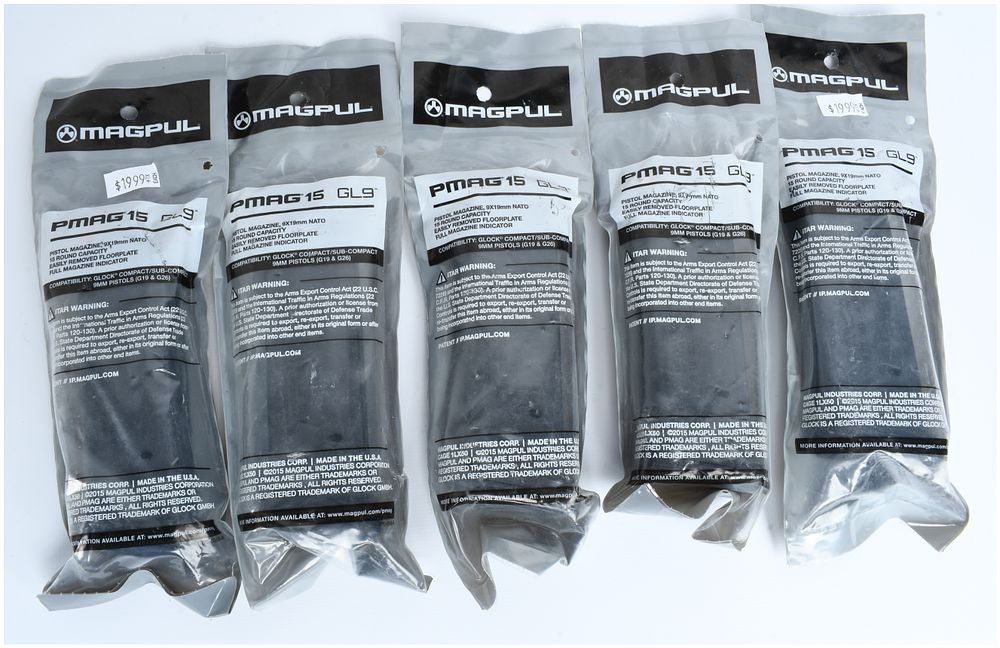 Lot 127: 5 Magpul PMAG 15 GL9 15-Round 9mm Magazines for Glock 19