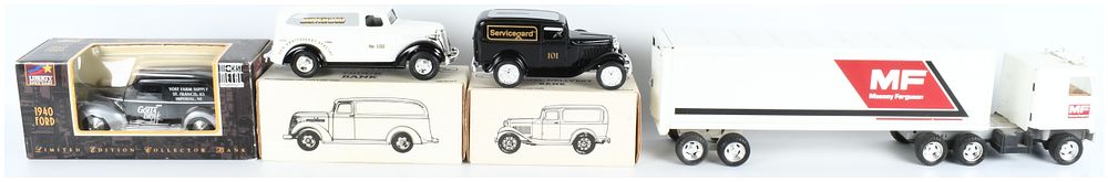 Lot 143: A Collection of Ertl and Liberty Classics Die-Cast Model Vehicle Banks and a Massey Ferguson Semi-Truck