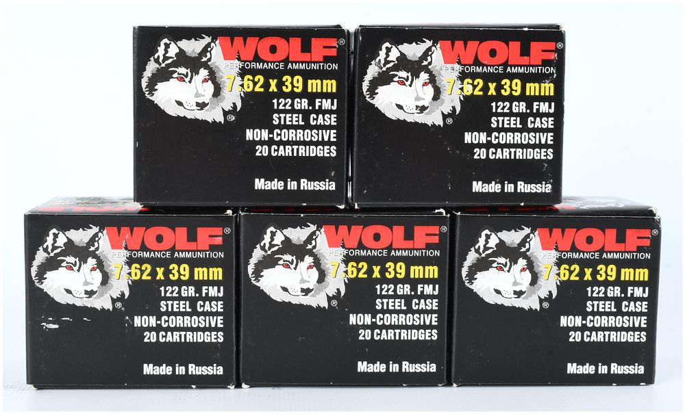 Lot 154: Wolf Performance Ammunition 7.62x39mm 122 Grain FMJ Russian Steel Case, 100 Rounds, c. 2000-2020