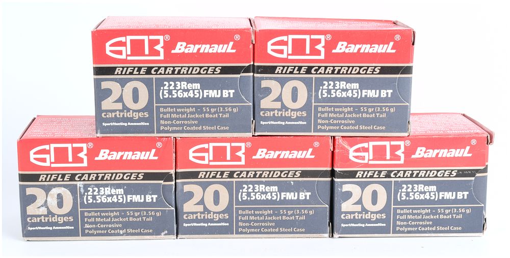 Lot 160: Barnaul .223 Remington (5.56x45) FMJ BT Steel Case Ammunition Lot (100 Rounds), Modern Production