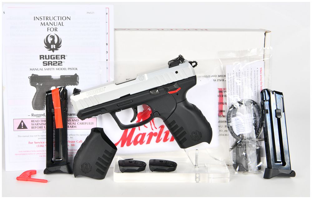 Lot 180: Ruger SR22 Semi-Automatic Pistol with Silver Anodized Slide and Original Packaging, c. 2014-Present