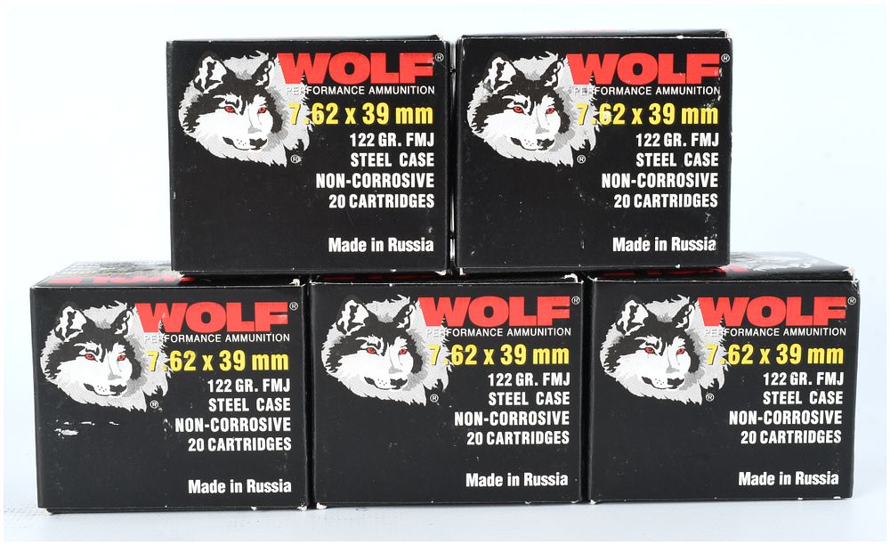 Lot 184: Wolf Performance Ammunition 7.62x39mm 122 Grain FMJ Steel Case Lot, Modern Production