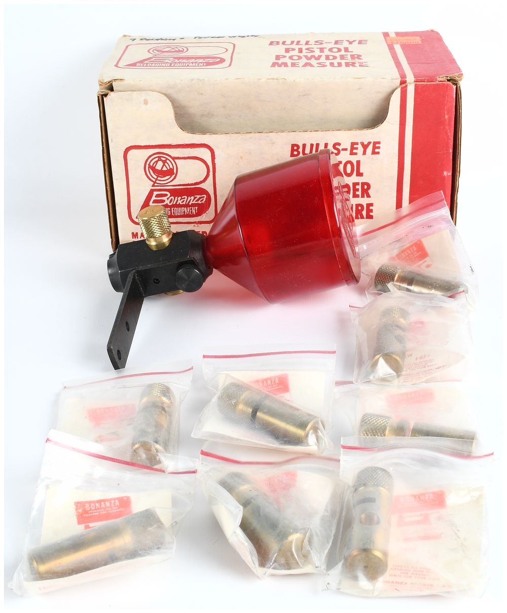 Lot 185: Bonanza Sports Bulls-Eye Pistol Powder Measure Reloading Tool with Seven Rotors Vintage