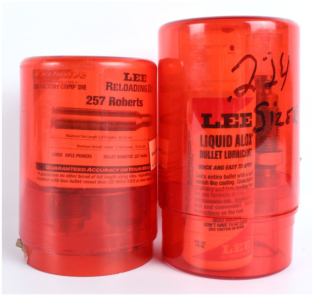 Lot 200: LEE Precision .257 Roberts Reloading Die Set and Liquid Alox Bullet Lubricant Kit, Contemporary Production