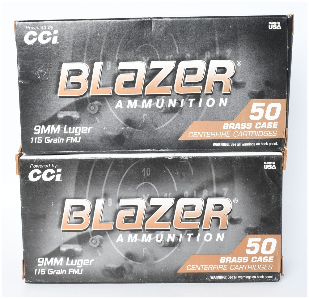 Lot 208: 100 Rounds of CCI Blazer Brass 9mm Luger 115 Grain FMJ Ammunition