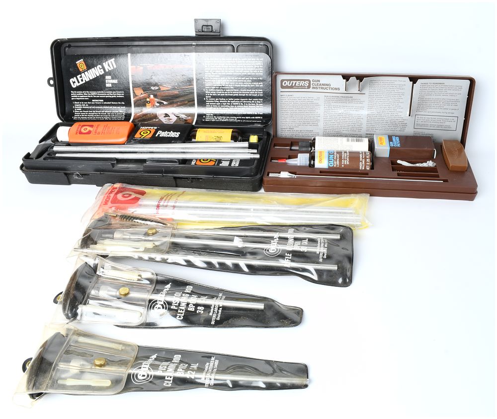 Lot 215: Hoppe's 9 and Outers Vintage Gun Cleaning Kit and New Old Stock Rod Collection, Mid-20th Century