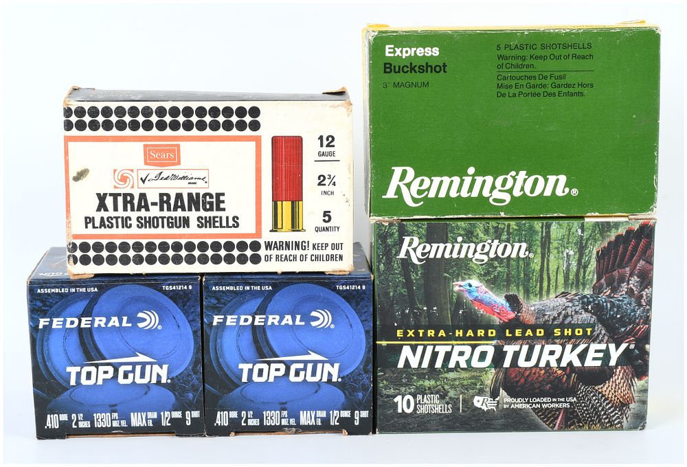 Lot 259: Mixed Lot of Four Vintage and Modern Shotgun Shell Boxes: Sears Ted Williams, Remington, and Federal Ammunition