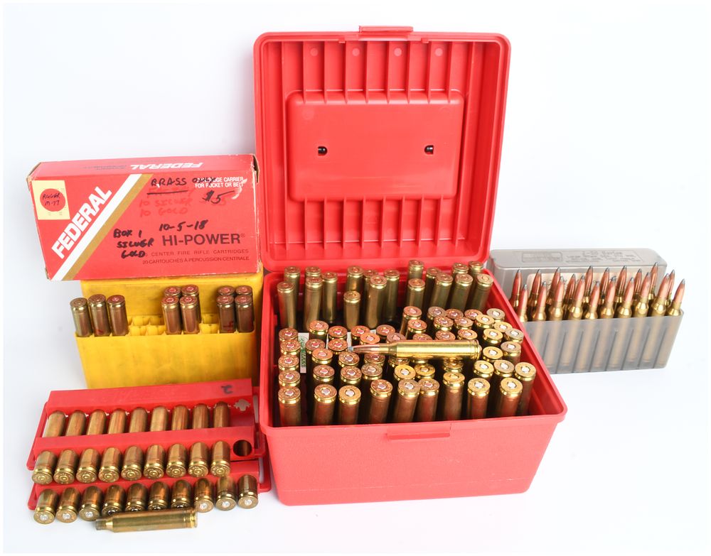 Lot 262: 100 Rounds and 23 Empty Brass Casings of 7mm Remington Magnum Ammunition