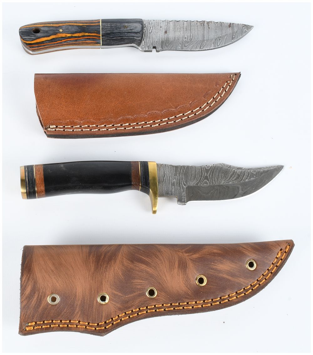 Lot 263: Two Custom Damascus Steel Fixed-Blade Knives with Leather Sheaths