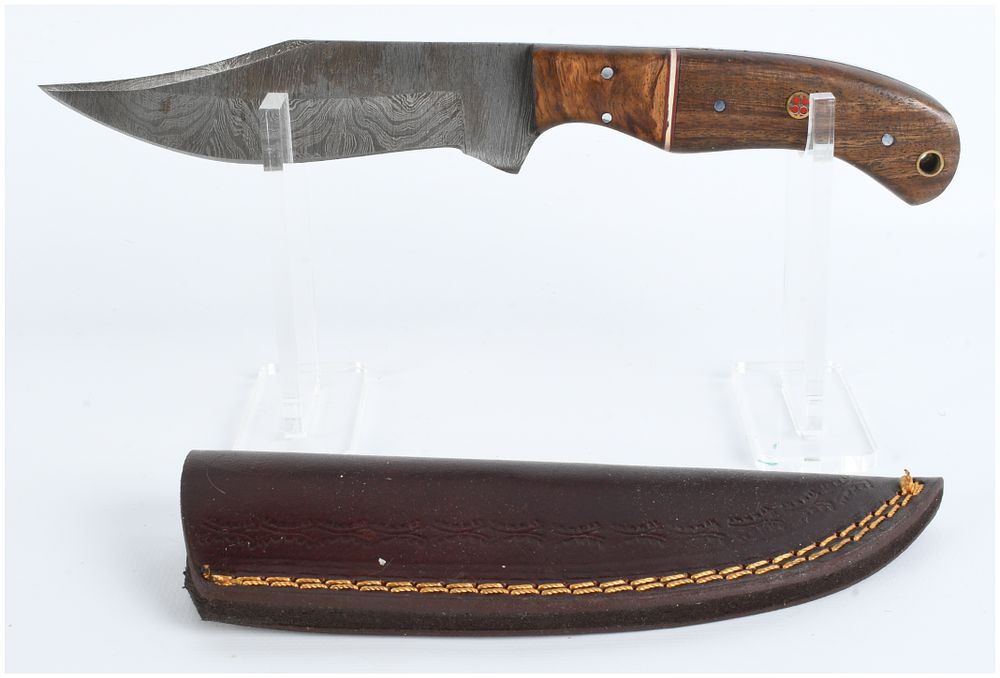 Lot 271: A Custom Damascus Steel Hunting Knife with Leather Sheath