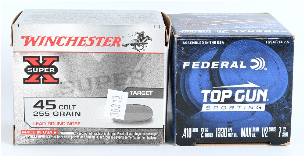 Lot 274: Winchester and Federal Ammunition Lot, .45 Colt and .410 Bore, 45 Total Pieces