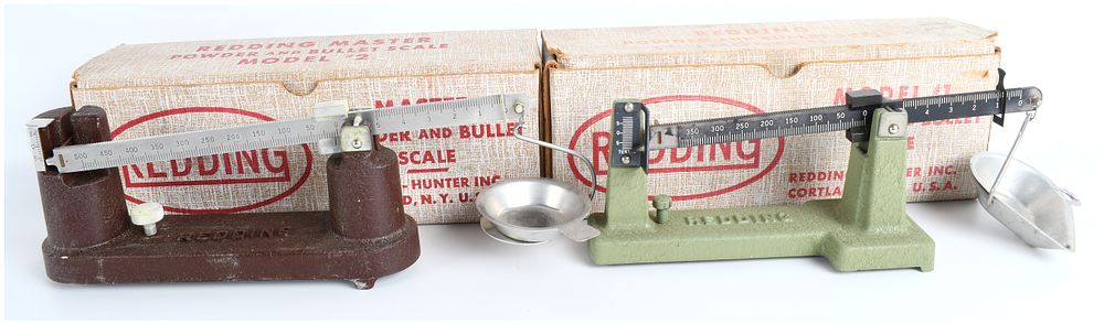 Lot 275: Redding Master Powder and Bullet Scales Models 1 and 2 with Original Boxes Vintage Reloading Tools