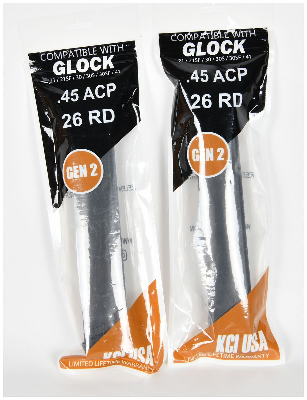 Lot 292: A Pair of KCI USA Gen 2 26-Round Magazines for Glock .45 ACP