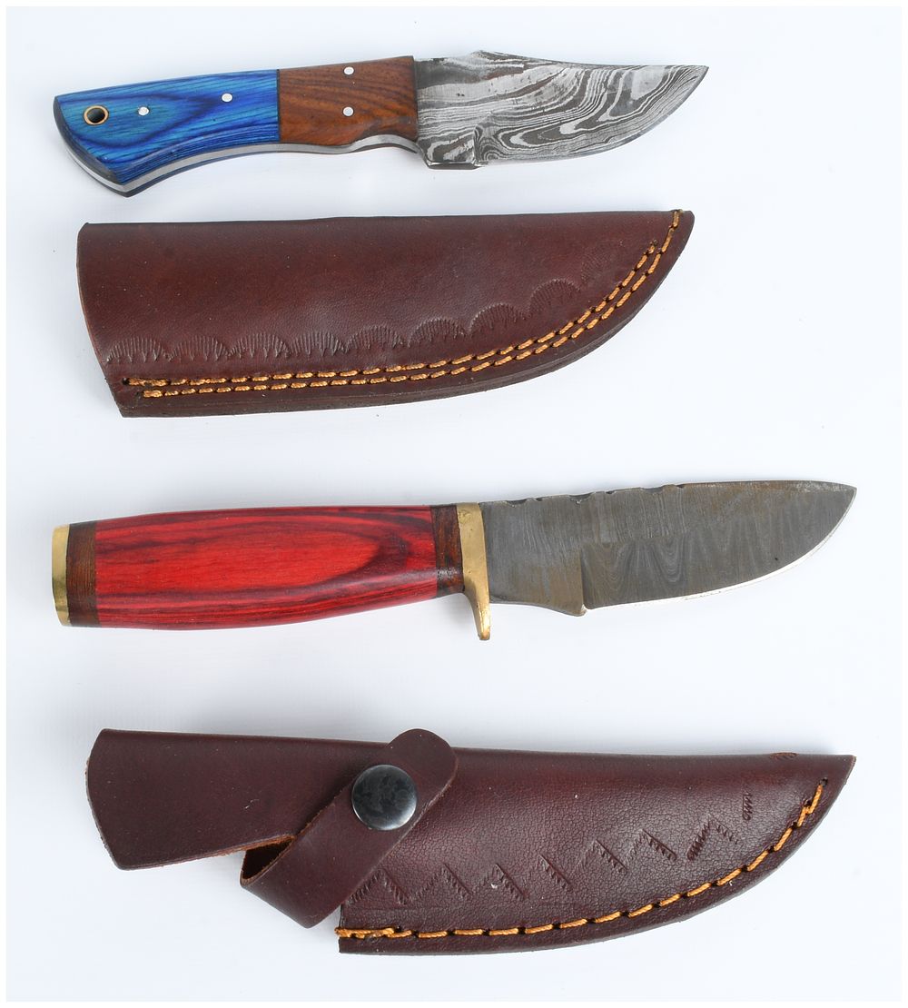 Lot 293: Two Contemporary Damascus Steel Fixed-Blade Hunting Knives with Leather Sheaths
