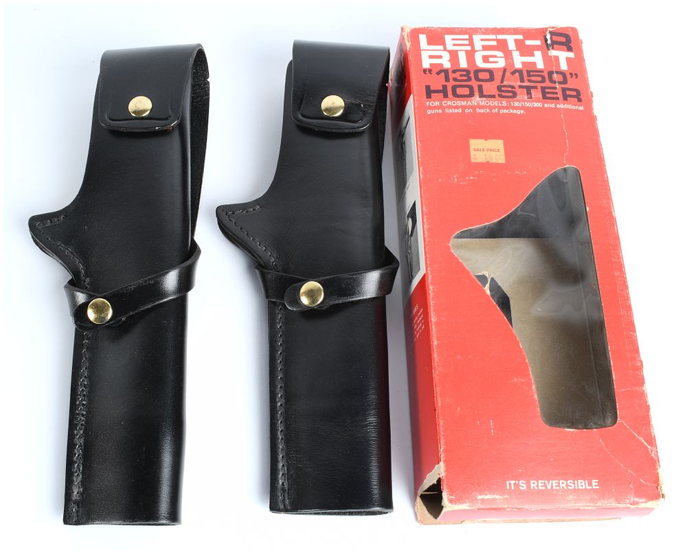 Lot 295: Crosman Vintage Reversible Black Leather Holster Pair for Models 130/150/300, c. 1960s
