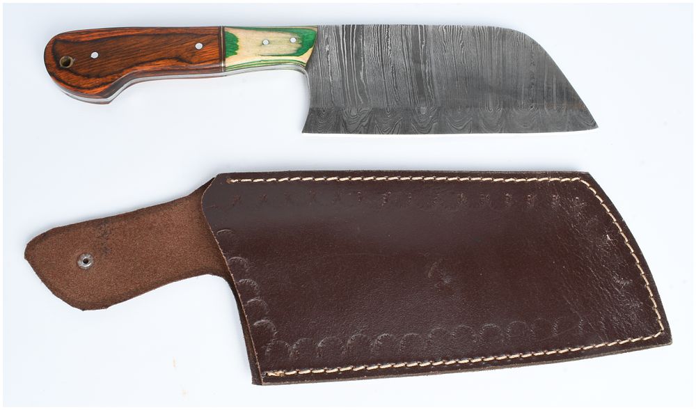 Lot 323: A Handmade Damascus Steel Cleaver Knife