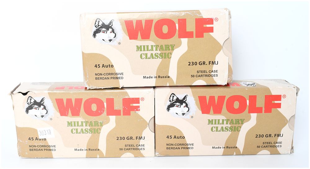 Lot 334: Wolf Military Classic .45 Auto Ammunition 230 Grain FMJ Steel Case