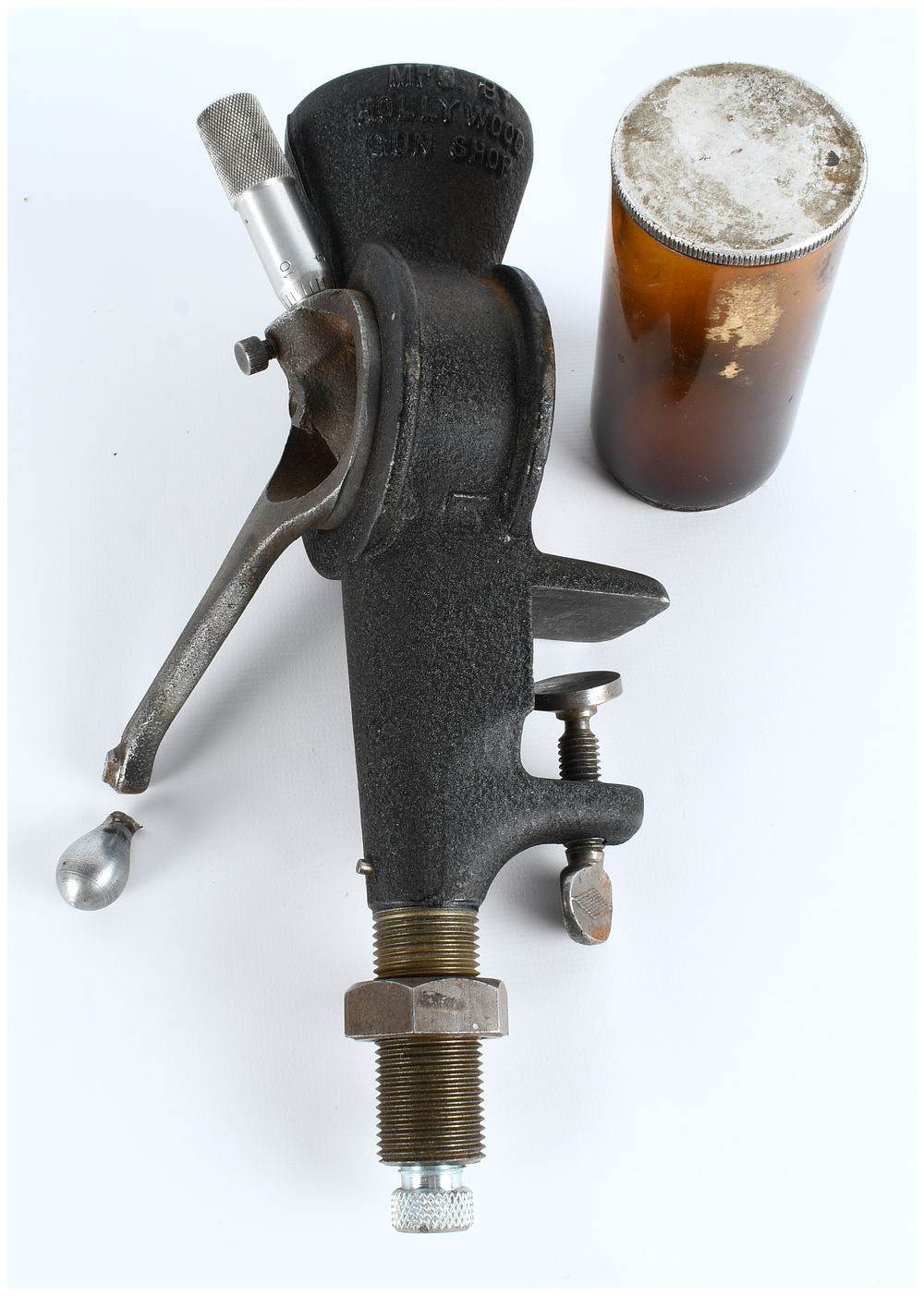 Lot 335: Hollywood Gun Shop Vintage Micrometer Powder Measure with Amber Glass Reservoir, circa 1950s