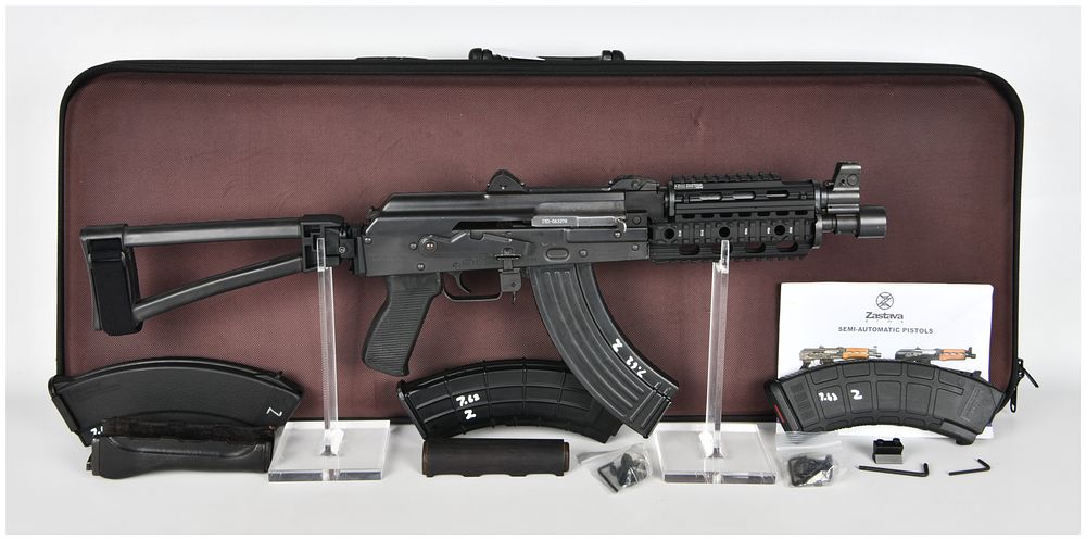 Lot 345: Zastava Arms ZPAP92 Semi-Automatic Pistol 7.62x39mm with Quad Rail and Folding Brace