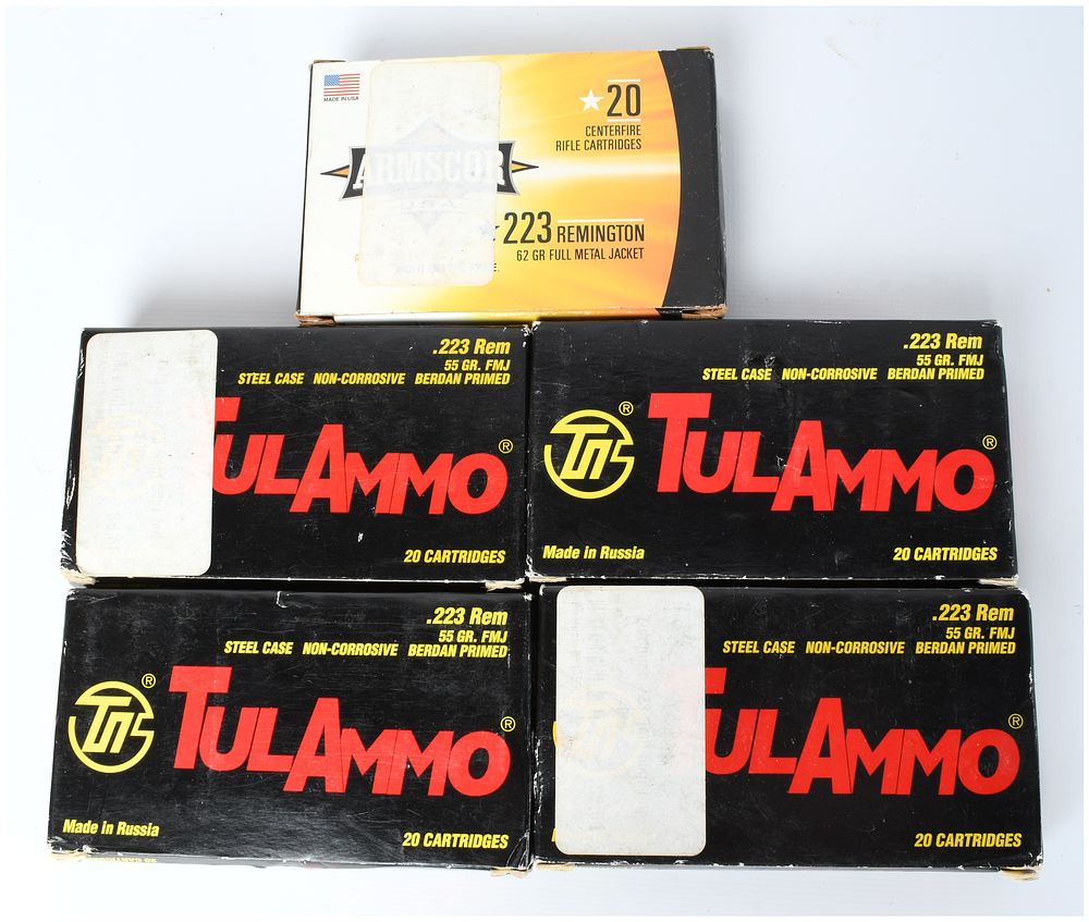 Lot 346: Tulammo and Armscor .223 Remington Ammunition Lot 100 Rounds Mixed Loads Circa 2000s