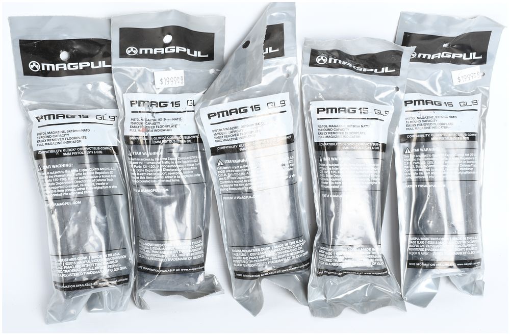 Lot 367: 5 Magpul PMAG 15 GL9 15 Round Pistol Magazines