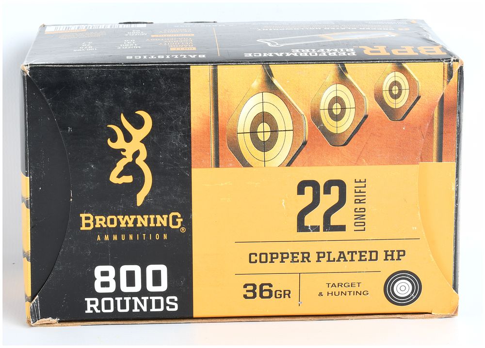 Lot 379: Browning BPR Performance Rimfire .22 LR Ammunition, 800 Rounds, 36-Grain Copper-Plated HP, Modern