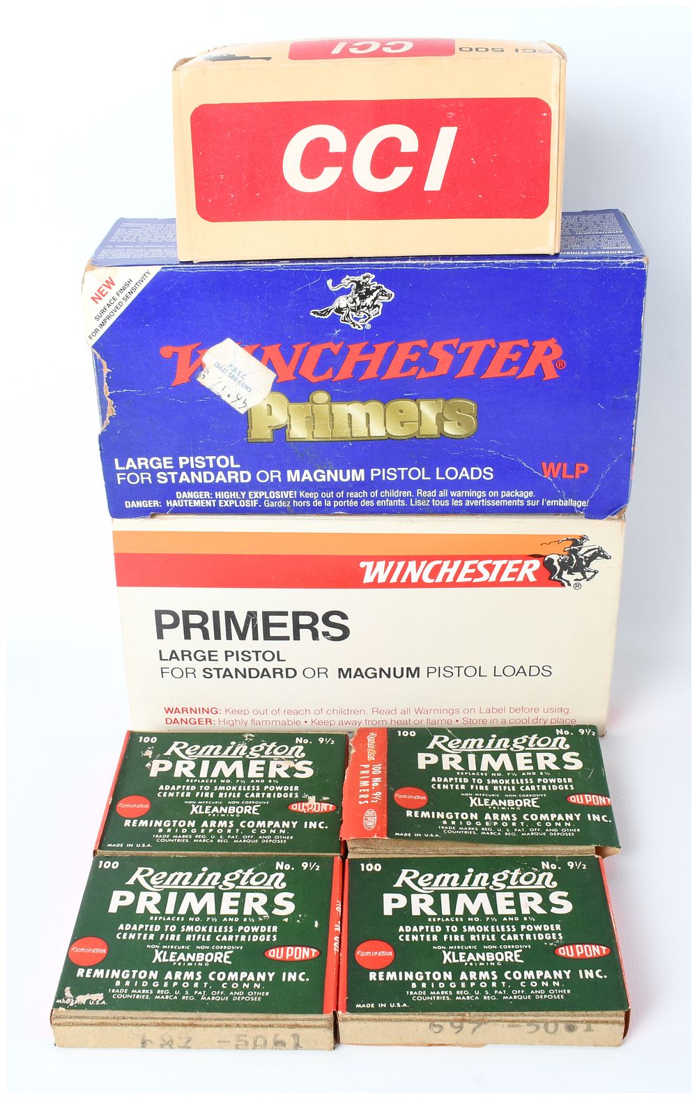 Lot 407: Vintage and Modern Firearm Primers Lot Remington Kleanbore Winchester CCI Mixed Pistol and Rifle Components Mid-20th Century