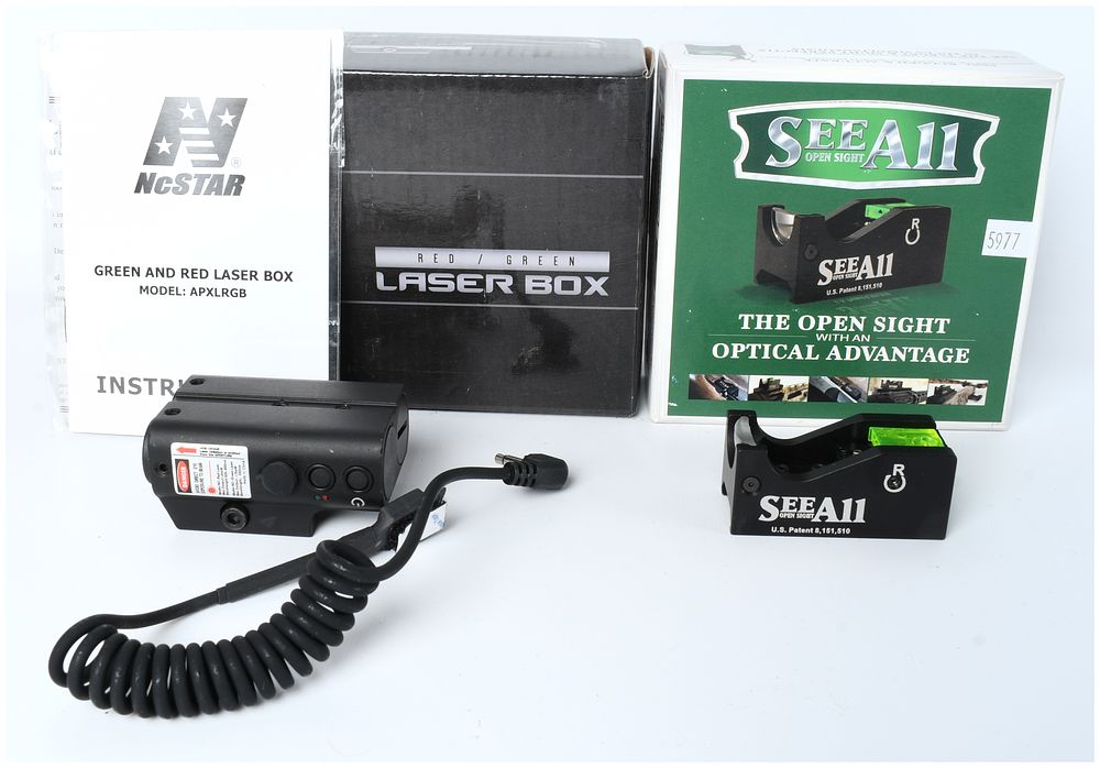 Lot 425: Modern Firearm Accessory Lot: NcSTAR APXLRGB Red/Green Laser and SEE ALL Open Sight System