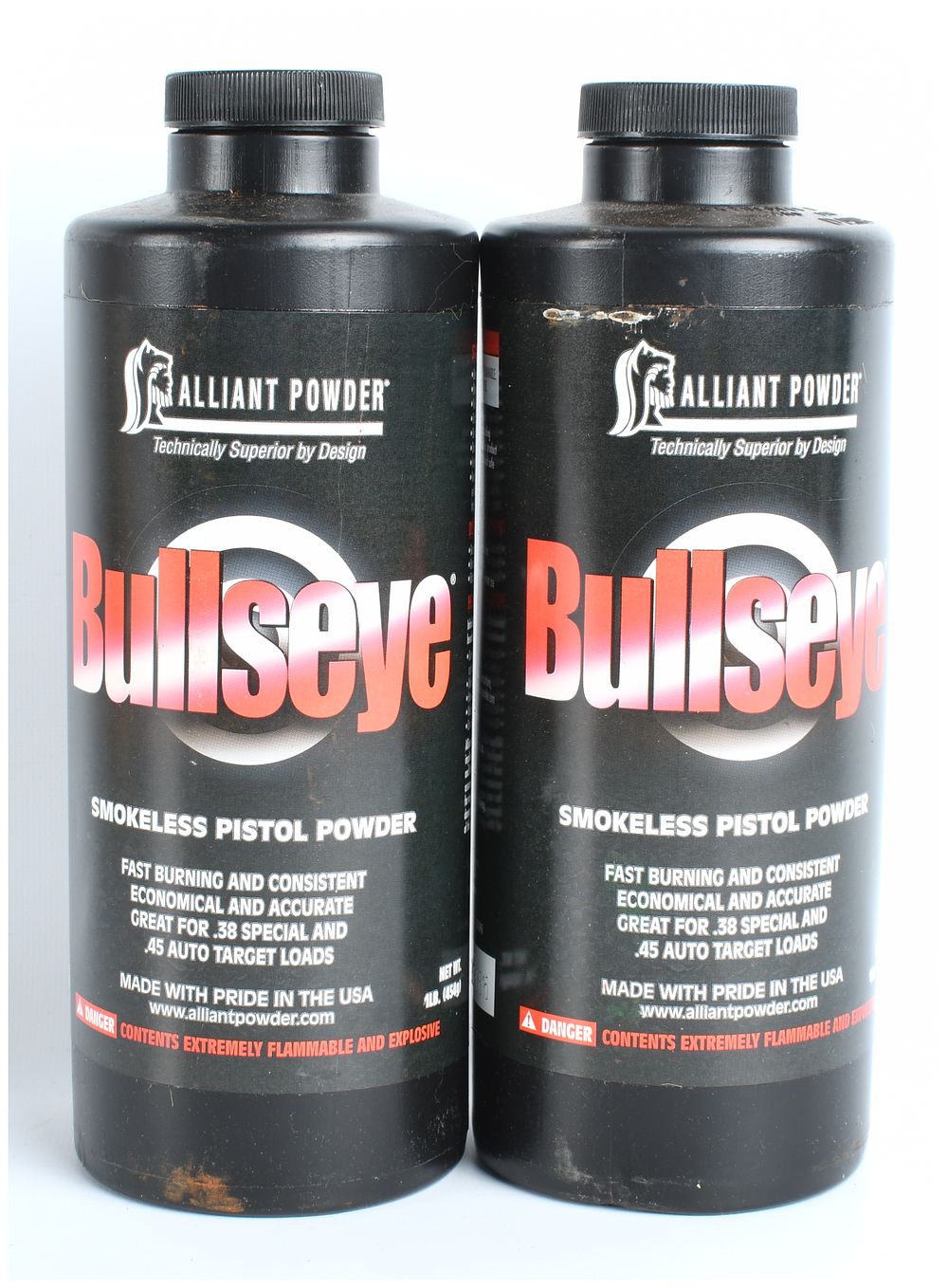 Lot 455: Alliant Powder Bullseye Smokeless Pistol Powder Canisters, 1 LB (Lot of 2), Contemporary Production