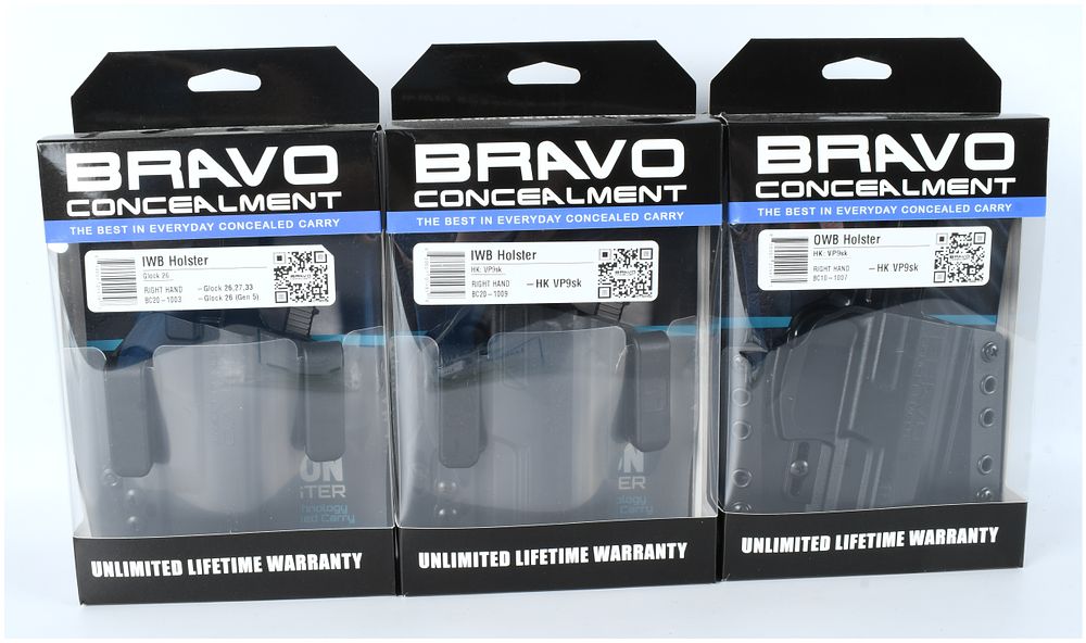 Lot 476: Bravo Concealment, Lot of 3 Polymer IWB and OWB Holsters for Glock and HK, c. 2020-2024