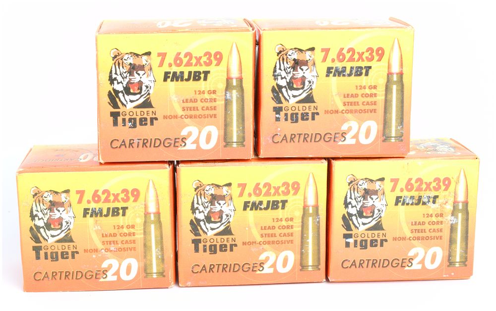 Lot 514: GOLDEN Tiger 7.62x39mm FMJBT Rifle Ammunition, 100 Rounds, Steel Case Commercial Import