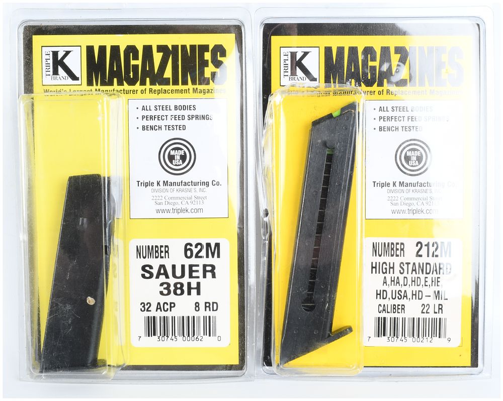 Lot 521: Two Triple K Manufacturing Co. Replacement Firearm Magazines