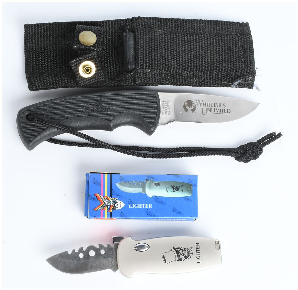 Lot 535: Two Knives Including an Imperial Ireland Whitetails Unlimited Hunting Knife and a Novelty Knife-Lighter