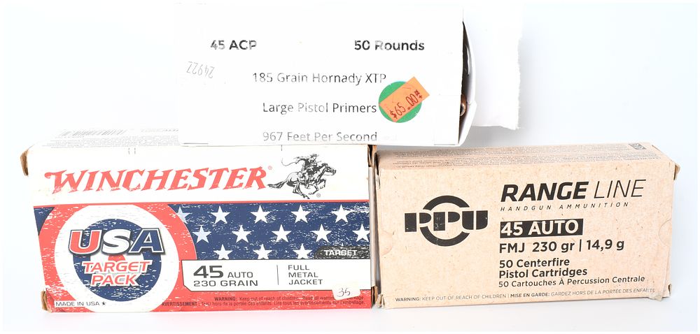 Lot 574: Mixed Lot of Winchester, PPU, and Hornady .45 ACP Ammunition (150 Rounds Total)