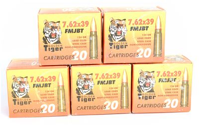 Golden Tiger 7.62x39mm FMJBT Ammunition, 100 Rounds, Non-Corrosive Steel Case. This lot features 