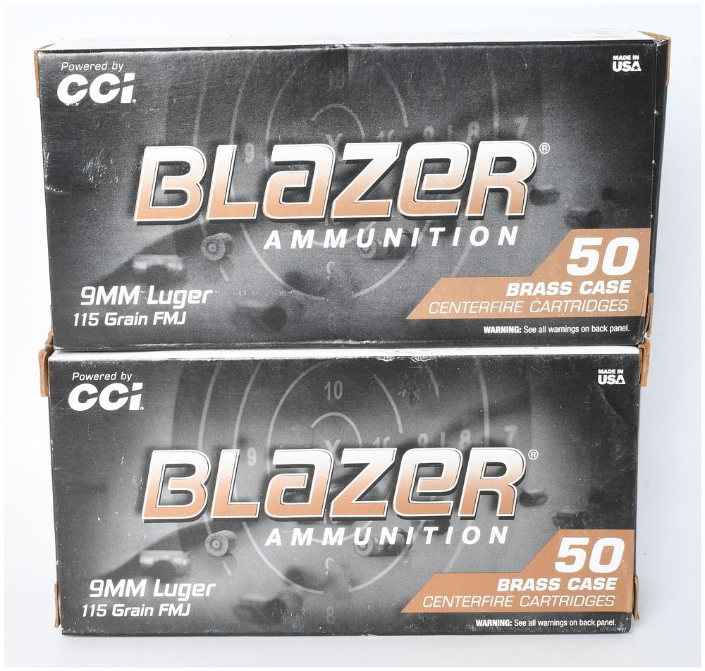 Lot 1084: 100 Rounds of CCI Blazer Brass 9mm Luger 115 Grain FMJ Ammunition
