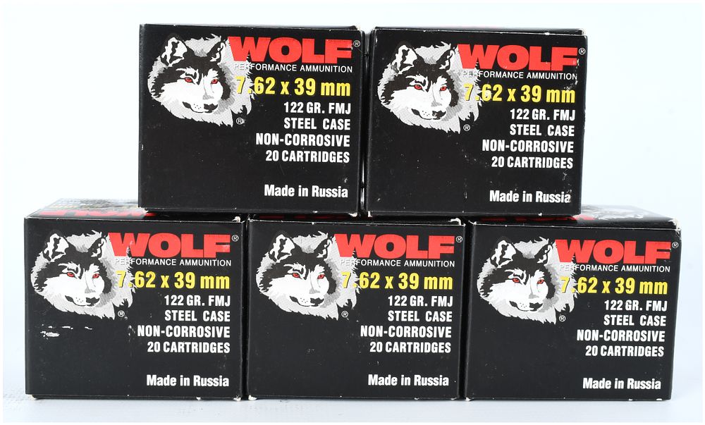 Lot 1093: Wolf Performance Ammunition 7.62x39mm 122-Grain FMJ Cartridges, 100 Rounds, Early 21st Century