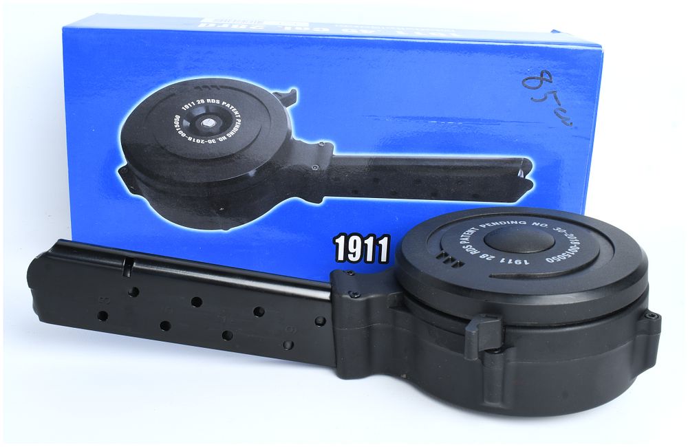 Lot 1097: RWB / Iver Johnson 1911 .45 ACP 28-Round Drum Magazine in Original Box, Circa 2018