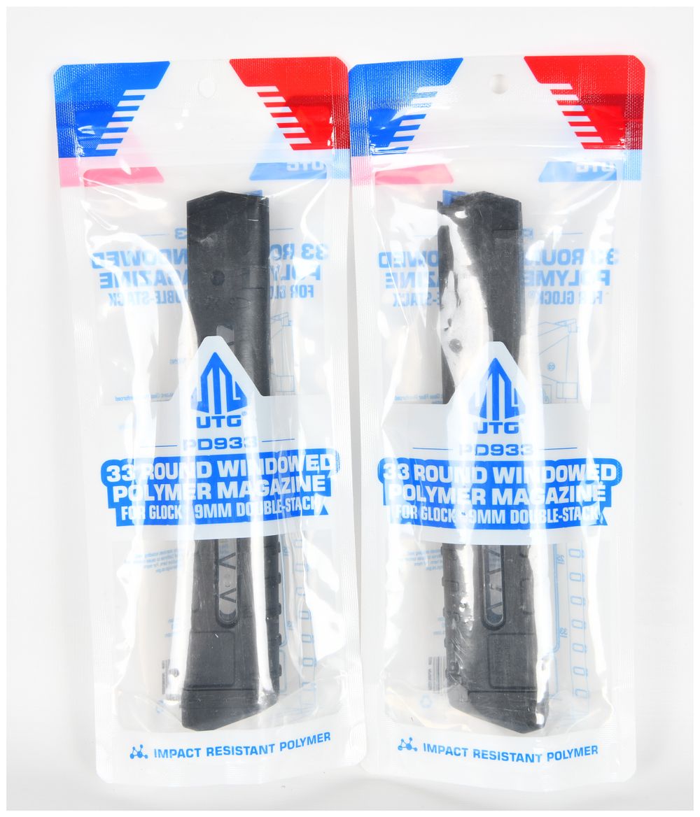 Lot 1114: Two UTG PD933 33-Round Windowed Polymer Magazines for Glock 9mm Handguns