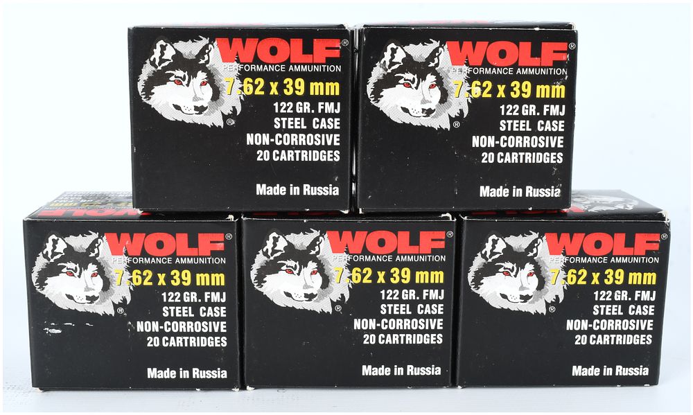 Lot 1123: WOLF Performance Ammunition 7.62x39mm 122 Grain FMJ Steel Case 100 Rounds Contemporary Production