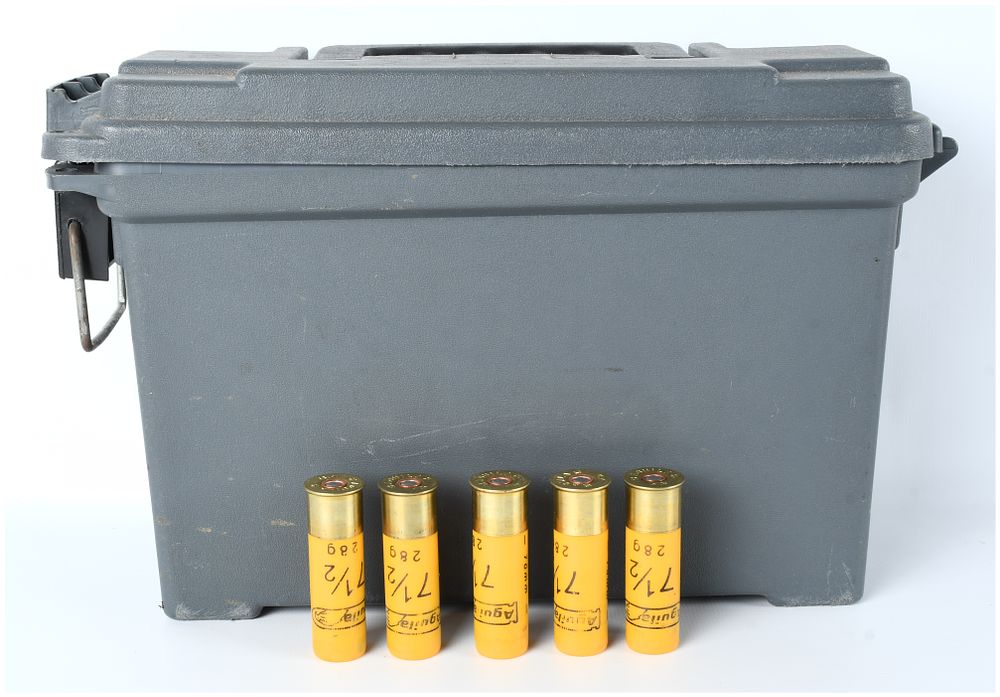 Lot 1135: Aguila 20 Gauge High Velocity 7 1/2 Shot Ammunition, 100 Rounds with Gray Ammo Can, Modern