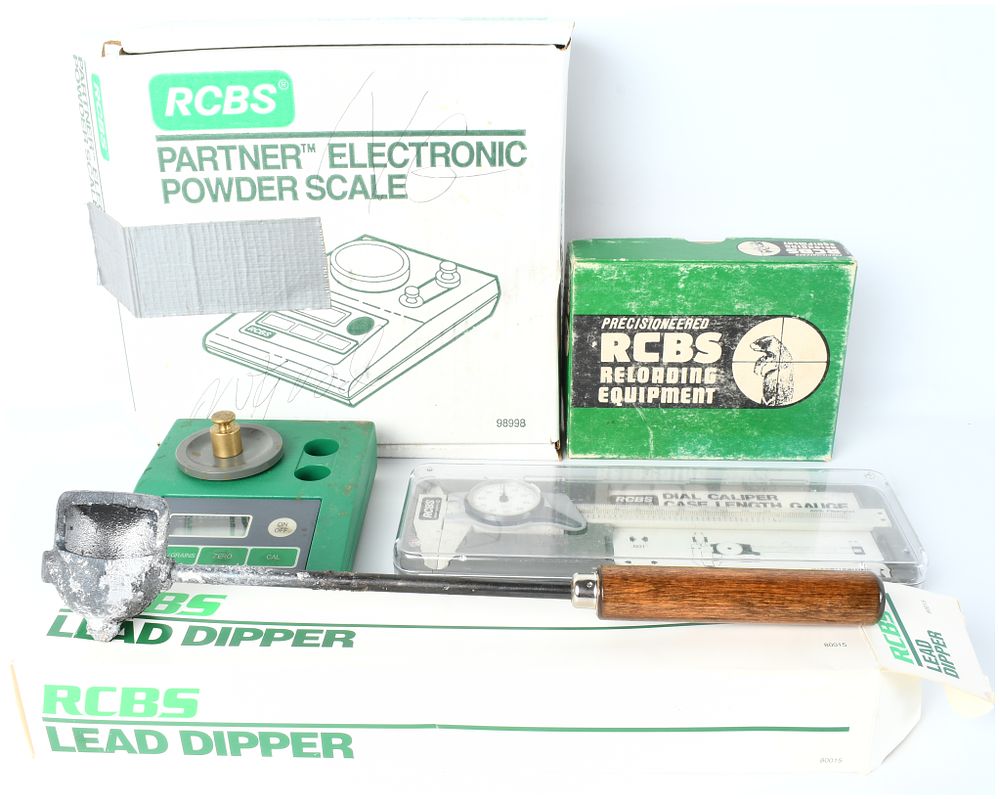 Lot 1145: RCBS Ammunition Reloading Equipment Group, Partner Electronic Scale and .30 Carbine Dies, Late 20th Century