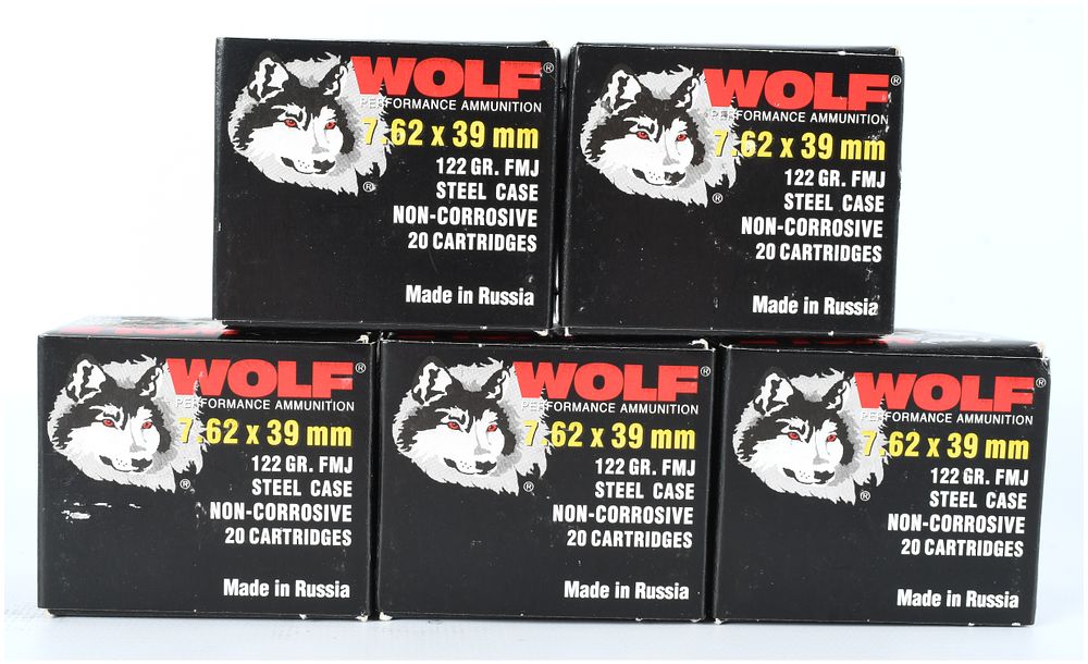 Lot 1153: Wolf Performance Ammunition 7.62x39mm 122 Grain FMJ Steel Case 100 Rounds Modern