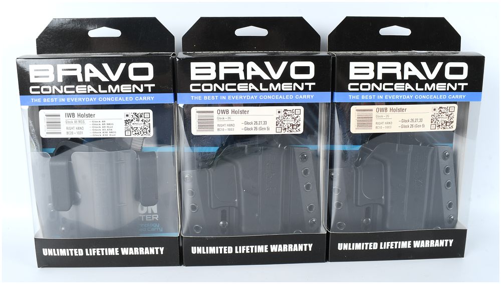 Lot 1157: Bravo Concealment Glock Holster Collection, 3 Pieces, IWB and OWB Models, c. 2020-Present