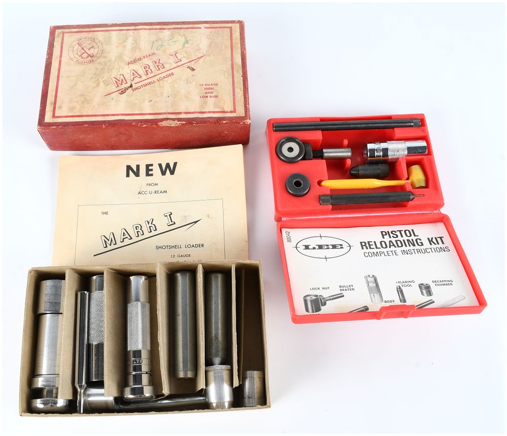 Lot 1169: Acc-U-Ream Mark I 12-Gauge and Lee Pistol Reloading Kit, Vintage Hand Loading Tools, c. 1960s-1980s